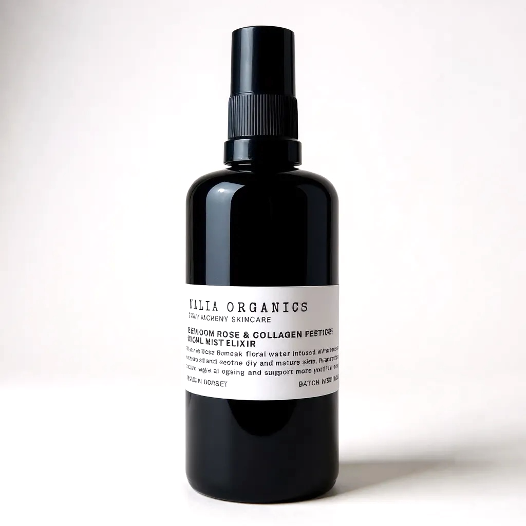 Black bottle with a label on a white background