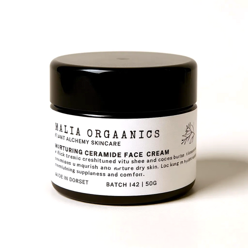 Malia Organics ceramide face cream jar on a white background